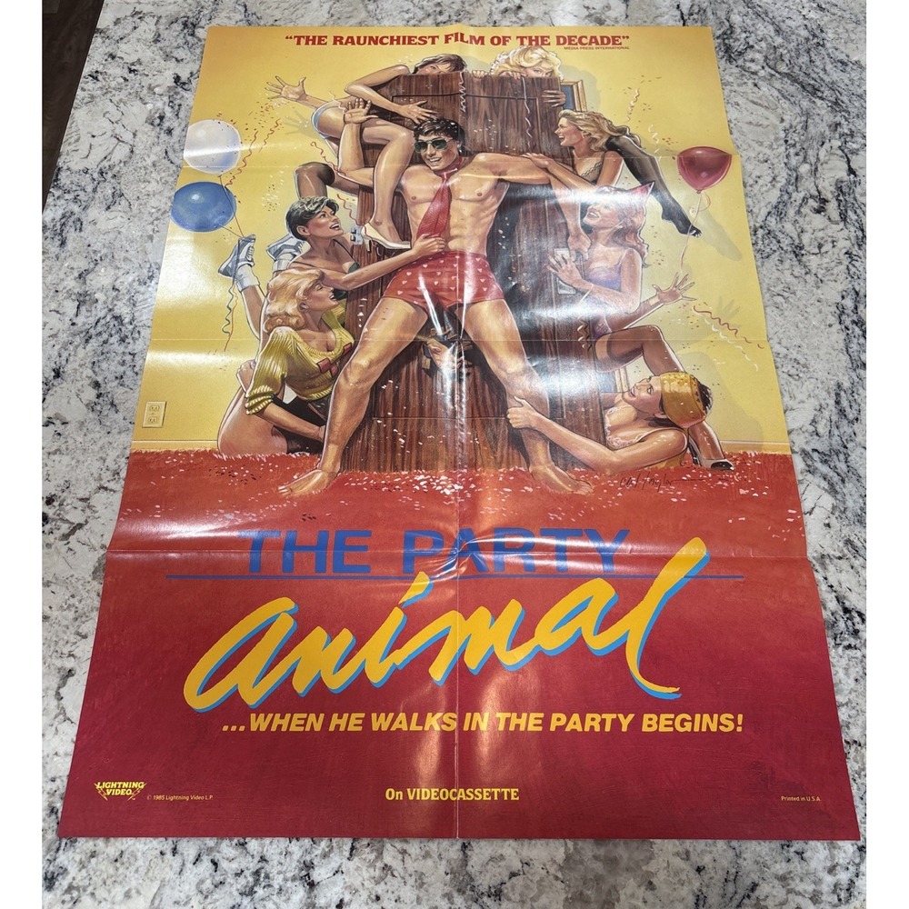 Vtg THE PARTY ANIMAL 1980s College Sex Comedy 24x36 Folded Video Promo Poster